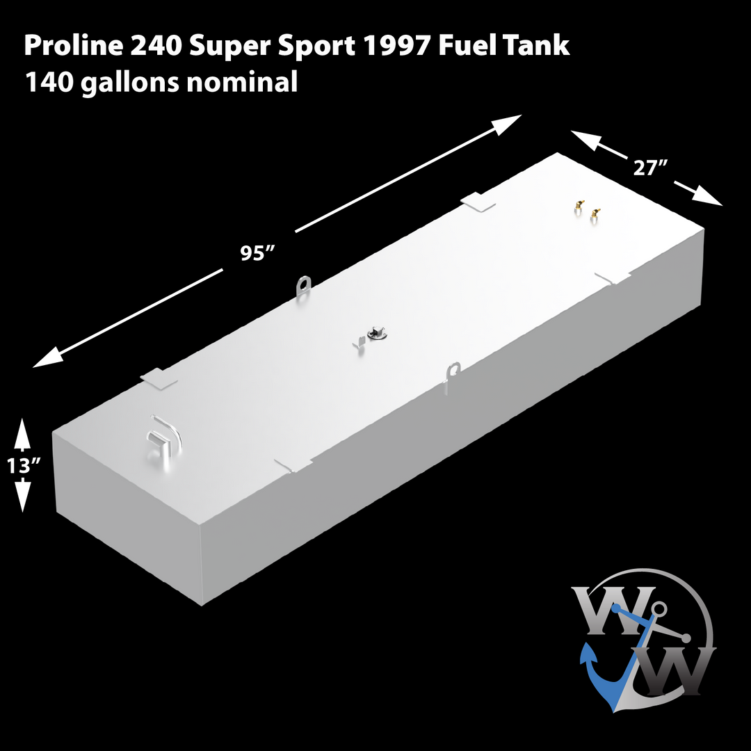 Proline 240 Super Sport 1997 Fuel Tank, 140 gallons nominal. The image features a light grey, rectangular fuel tank with dimensions: 95 inches long, 27 inches wide, and 13 inches high. Various fittings are visible on the top surface, including golden-colored valves, D-rings, and an L-shaped pipe. A "W W" logo with an anchor is present in the bottom right corner