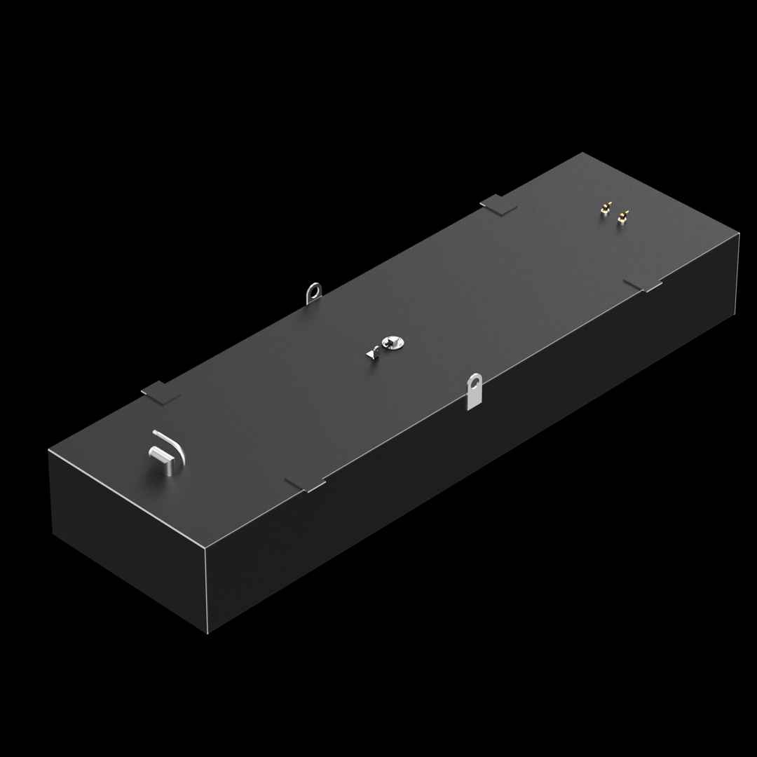 A dark grey, elongated rectangular fuel tank with a flat top, set against a black background. The top surface features several golden-colored fittings, a circular silver cap, an L-shaped pipe, and two D-rings. There are also several small, flat, dark grey brackets along the edges of the top surface