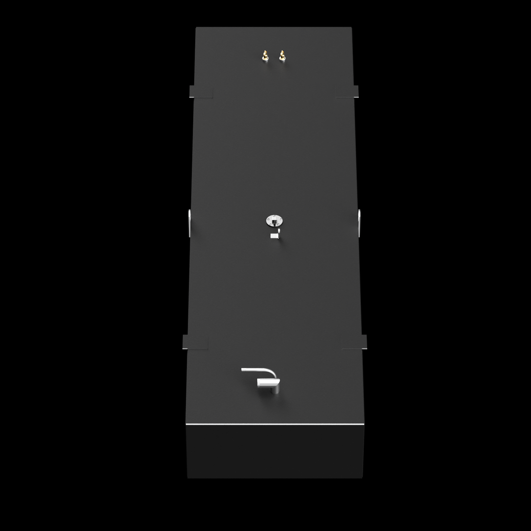 A top-down view of a dark grey, elongated rectangular fuel tank, set against a black background. The tank features golden-colored fittings, a circular silver cap, and an L-shaped pipe on its top surface. White D-rings are visible along the long sides, and small, dark grey brackets are along the edges