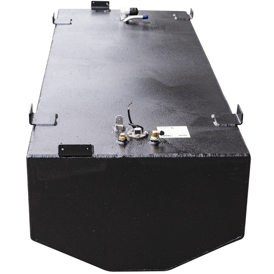  A black, rectangular fuel tank with various fittings on its top surface, designed as an OEM replacement