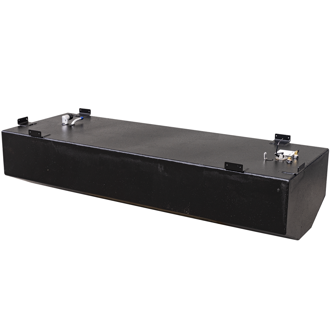  A black, rectangular fuel tank with various fittings and mounting brackets visible on its top surface