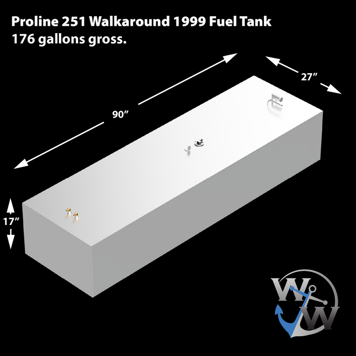 Proline 251 Walkaround 1999 Fuel Tank, 176 gallons gross. The image displays a light grey, rectangular fuel tank with dimensions: 90 inches long, 27 inches wide, and 17 inches high. The top surface shows various fittings and a D-ring. A "W W" logo with an anchor is visible in the bottom right corner