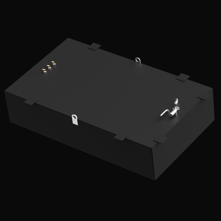 Isometric view of a black Proline 2710 OEM replacement fuel tank with a 201-gallon nominal capacity, featuring three brass fittings at the rear, fill and vent pipes at the front, and multiple mounting tabs around the edges, displayed on a black background