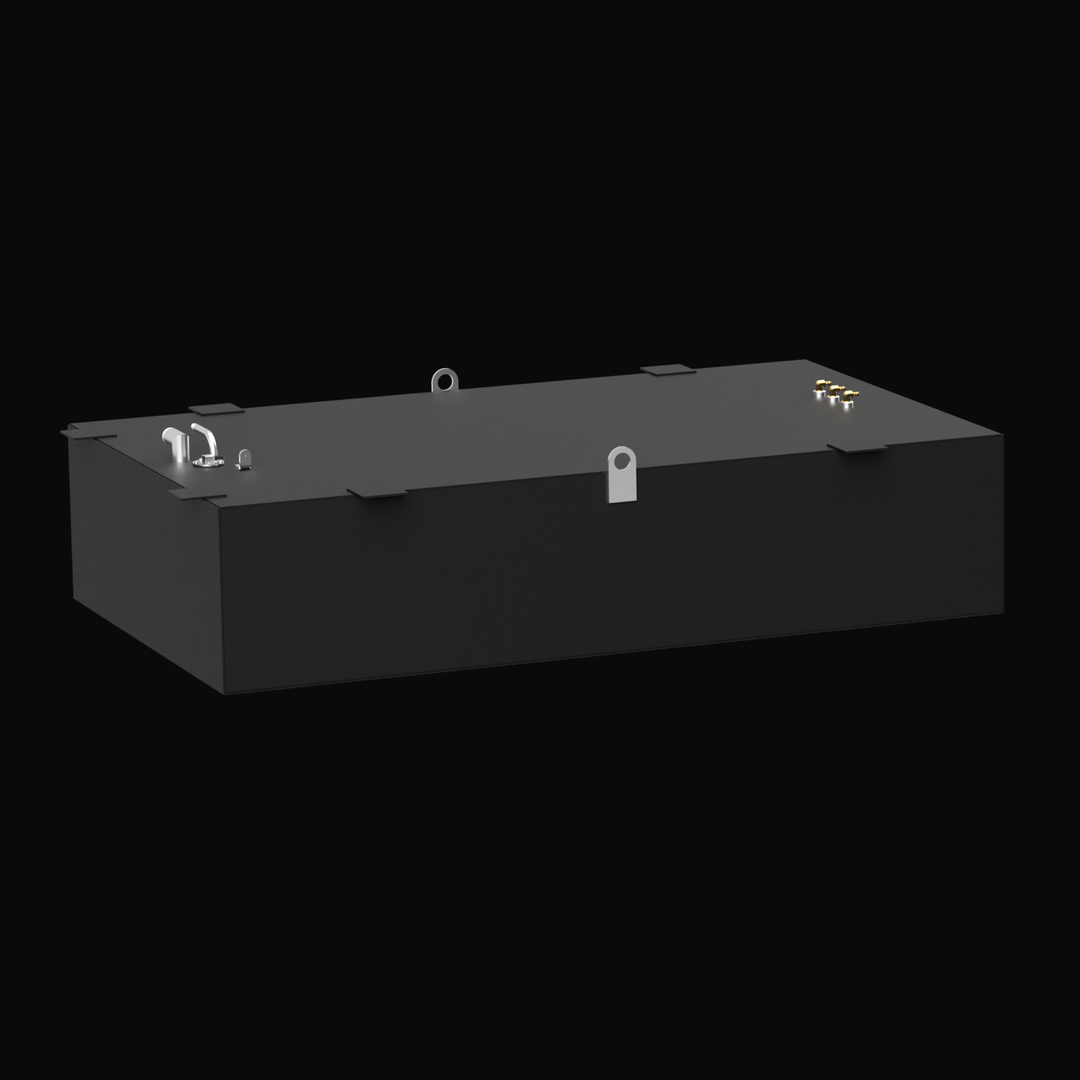Angled view of a black Proline 2710 OEM replacement fuel tank with a 201-gallon nominal capacity, showing fill, vent, and pickup fittings on the left, three brass fittings on the right, and multiple mounting tabs along the edges, displayed on a black background