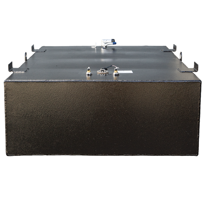 A black, rectangular fuel tank with a textured surface, possibly an OEM replacement, is positioned against a black and grey checkered background. Various metallic fittings, including a blue-capped tube, brass-colored valves, and several metal brackets, are visible on its top surface