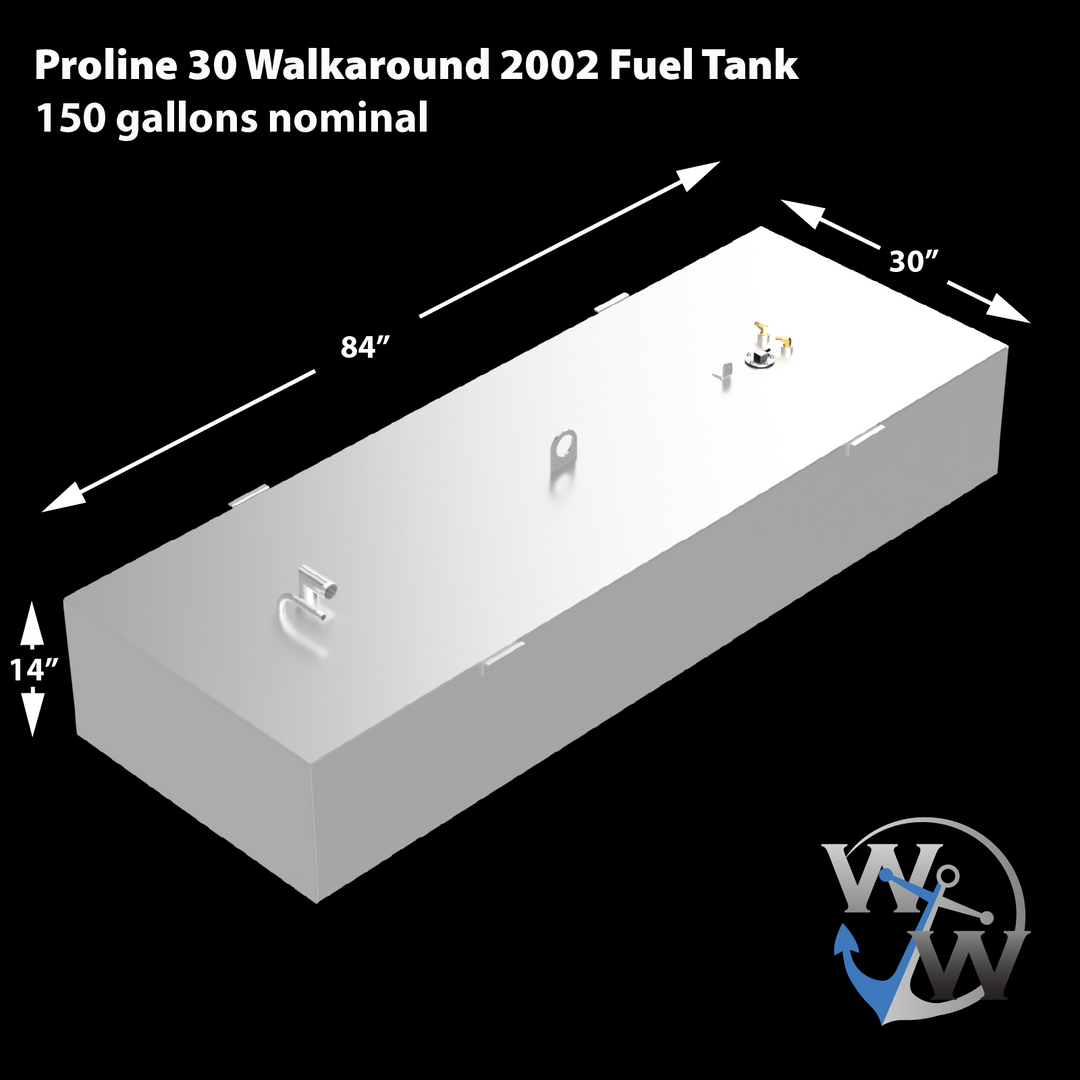Proline 30 Walkaround 2002 Fuel Tank, 150 gallons nominal. The image shows a light grey, rectangular fuel tank with specified dimensions: 84 inches long, 30 inches wide, and 14 inches high. Various fittings are visible on the top surface, including golden-colored valves, a circular cap, an L-shaped pipe, and a D-ring. A "W W" logo with an anchor is present in the bottom right corner