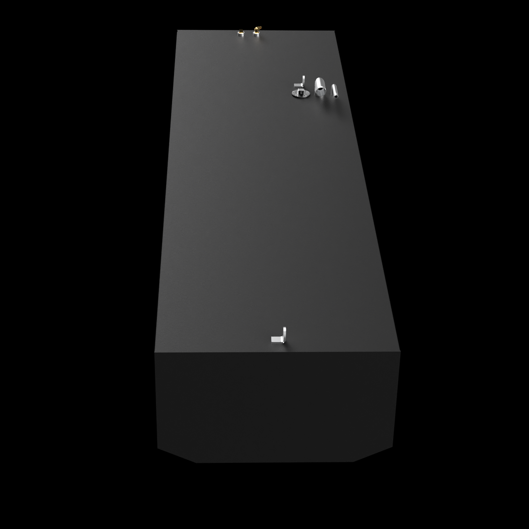A black rectangular marine fuel tank shown from an angled top view on a black background. The tank has a flat top surface with several small metal fittings and mounting tabs positioned near one end and one tab near the opposite end. The tank’s edges are slightly beveled with smooth surfaces and clean corners. The background is solid black, highlighting the shape and details of the tank