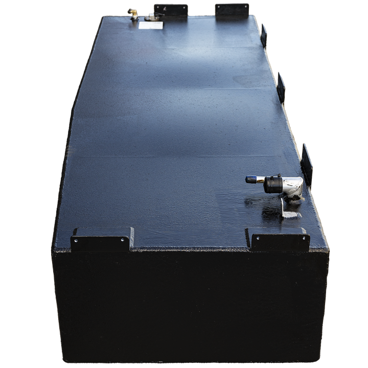 A long, rectangular black fuel tank with a textured surface is presented against a checkerboard background. The tank is viewed from an elevated, angled perspective, showing its top surface and one side. The top features several metal fittings, including one with a blue-tipped hose, and black mounting brackets are visible along the top edges and sides of the tank
