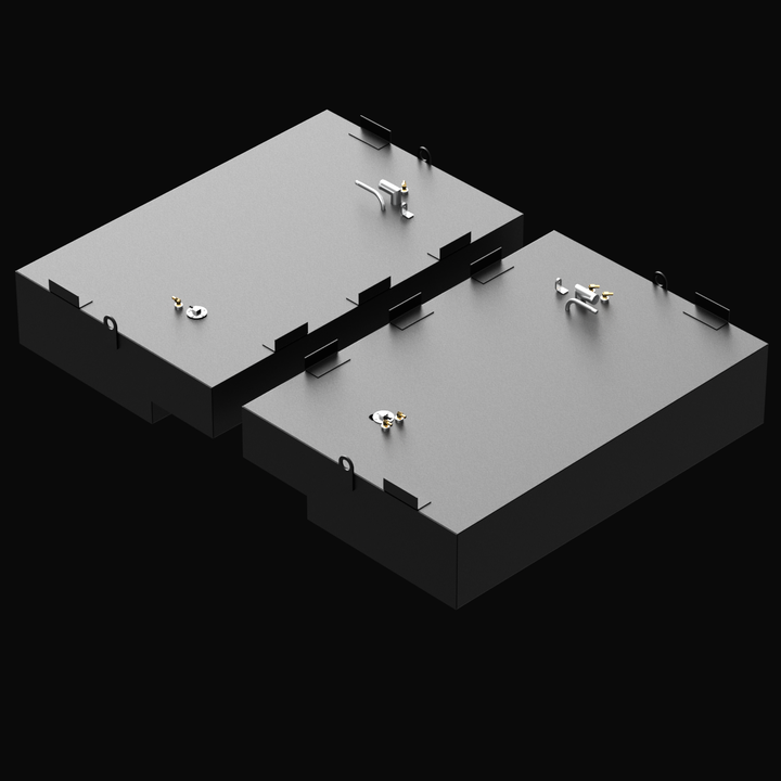 3D rendered image showing the top view of two grey Built to OEM Specs saddle fuel tanks for a Pursuit 2600 2001 boat. Each tank features mounting brackets, fittings, and fuel connections. The tanks have cutouts and lifting eyes, with the image set against a black background