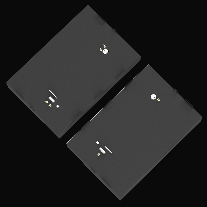 3D rendered image of two black Built to OEM Specs saddle fuel tanks for a Pursuit 2600 2001 boat. Both tanks are rectangular with mounting brackets on the sides and fittings on the top. The tanks have notched cutouts on one side for saddle tank setup. The background is solid black