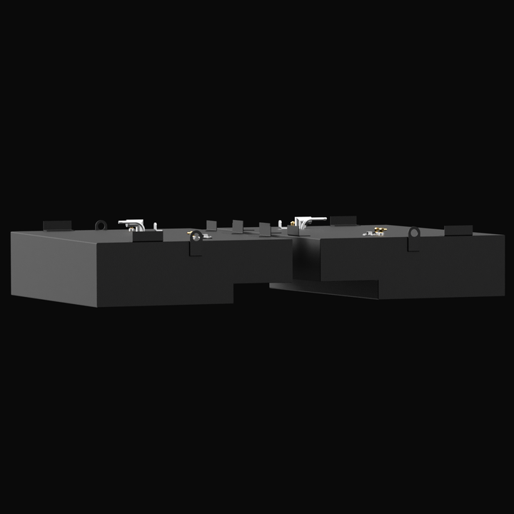3D rendered image showing the bottom view of two black Built to OEM Specs saddle fuel tanks designed for a Pursuit 2600 2001 boat. The tanks have cutouts for fitting and several mounting brackets. The image is against a solid black background