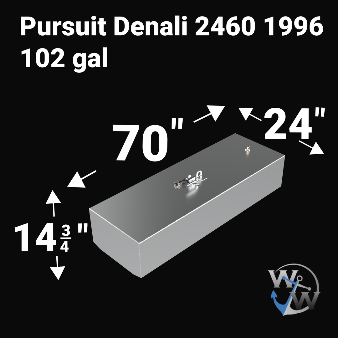 Dimensional layout of a 102-gallon Pursuit Denali 2460 (1996) fuel tank replacement. The image highlights the 70-inch length, 24-inch width, and 14.75-inch height measurements required for a guaranteed OEM fit. Featuring an upgraded heavy-duty 3/16" (.190") marine-grade aluminum construction and top-mounted fuel system ports for a seamless "drop-in" installation.