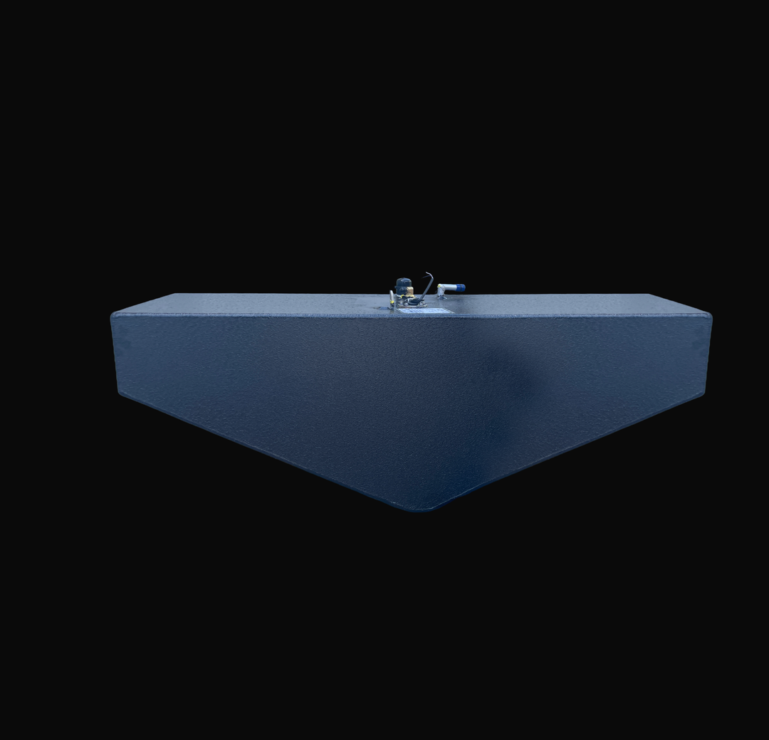 A straight, low-angle rear-elevation view of a black Radiant Marine 20 1991 OEM replacement fuel tank from file image_3c6c1e.jpg, isolated against a black background. This dimensional end perspective showcases the tank's custom-engineered V-shaped bottom deadrise profile, precision-fabricated by Welding World to sit flush within the vessel's center hull stringer grid. Constructed from heavy-gauge marine-grade 5052-H32 aluminum, the 45-gallon structural fuel cell is completely encapsulated in a premium, anti