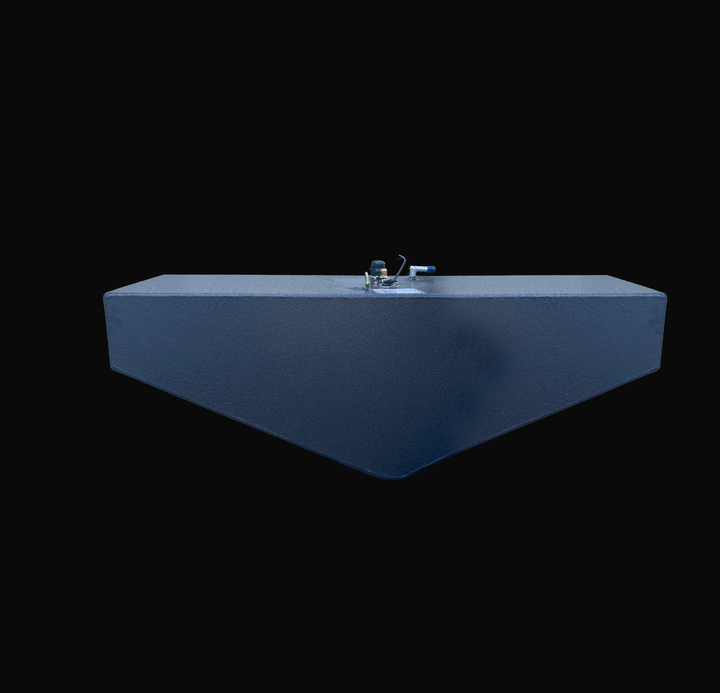 A straight, low-angle rear-elevation view of a black Radiant Marine 20 1991 OEM replacement fuel tank from file image_3c6c1e.jpg, isolated against a black background. This dimensional end perspective showcases the tank's custom-engineered V-shaped bottom deadrise profile, precision-fabricated by Welding World to sit flush within the vessel's center hull stringer grid. Constructed from heavy-gauge marine-grade 5052-H32 aluminum, the 45-gallon structural fuel cell is completely encapsulated in a premium, anti