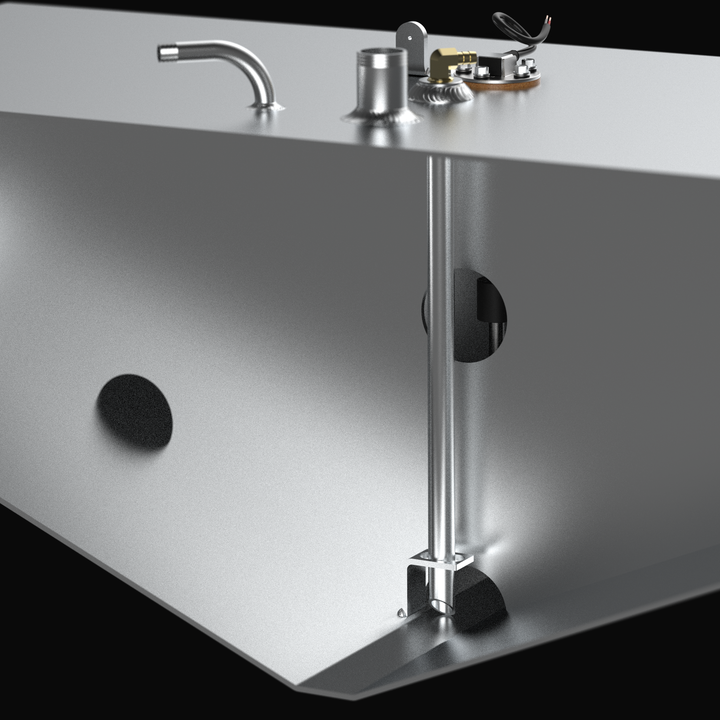 A close-up, cutaway technical rendering of the internal baffle system and pickup assembly of a raw aluminum Radiant Marine 20 replacement marine fuel tank from file image_3c6bc5.jpg, isolated against a black background. This transparent cross-sectional view showcases the advanced engineering designed by Welding World to eliminate fuel sloshing, revealing solid aluminum internal baffle walls with precision-cut circular pass-through holes that maintain ideal vessel stability. A rigid aluminum fuel pickup tube
