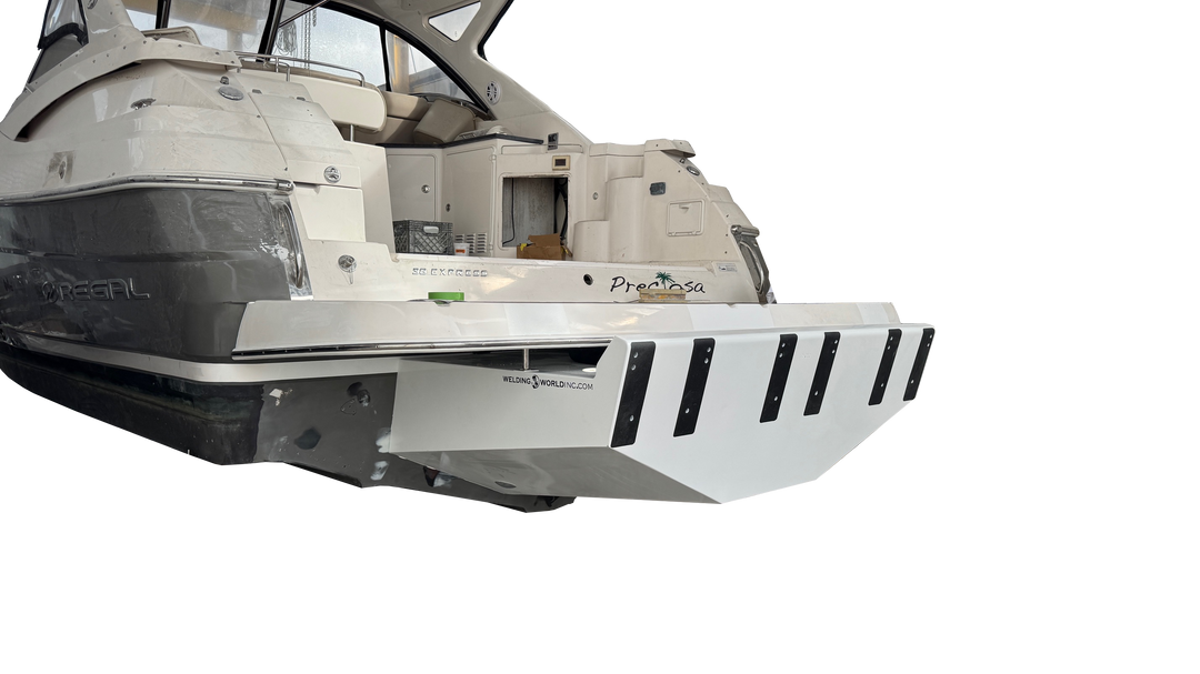 Rear view of a Regal 38 Commodore boat featuring a high flotation triple engine bracket, showcasing its sleek design and sturdy construction