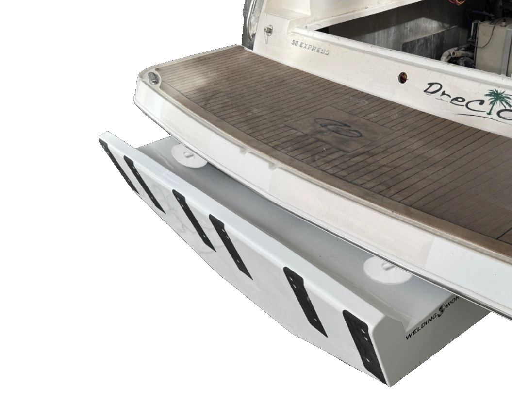 Close-up view of a Regal 38 Commodore high flotation triple engine bracket, featuring a sleek white design with multiple mounting points, positioned against a transparent background
