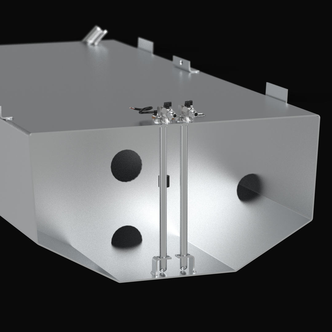 Rear-perspective 3D rendering of a 160-gallon Regulator Marine 23cc replacement fuel tank, showing the tapered hull-fit geometry, mounting tabs, and coal-tar epoxy finish on a solid black background.