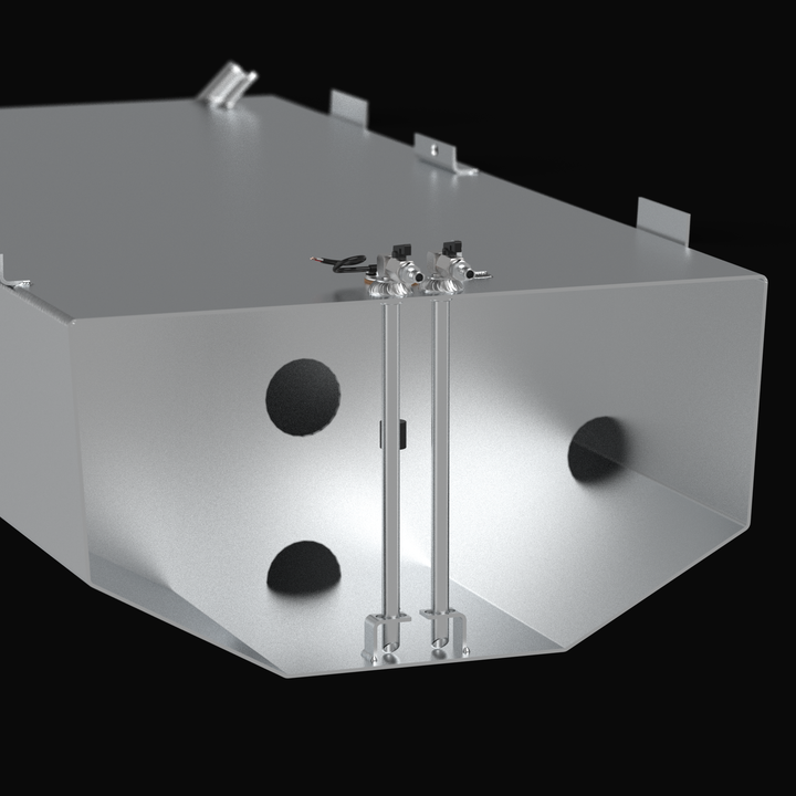 Rear-perspective 3D rendering of a 160-gallon Regulator Marine 23cc replacement fuel tank, showing the tapered hull-fit geometry, mounting tabs, and coal-tar epoxy finish on a solid black background.
