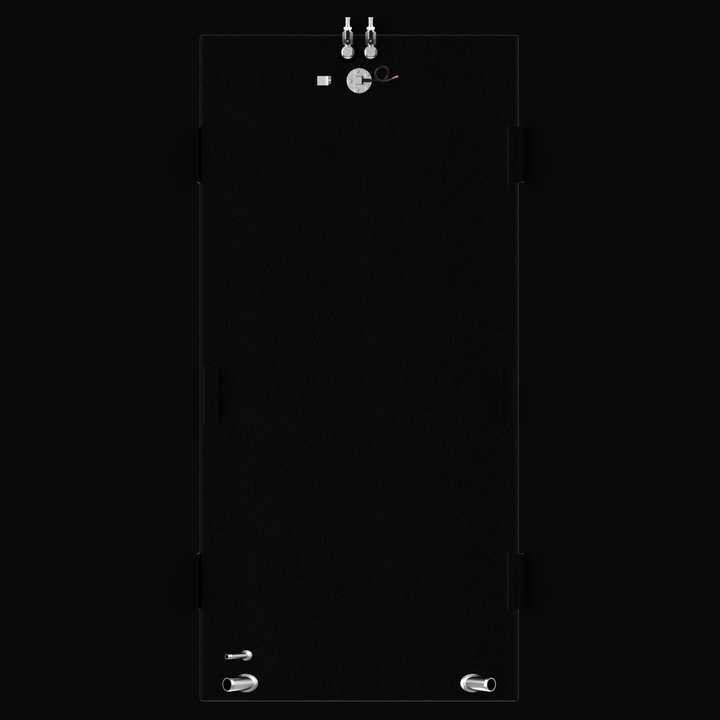 Top-down 3D plan view of a 160-gallon Regulator Marine 23cc replacement fuel tank, showing the precise layout of the dual fuel pickups, sending unit, fuel fills, and vent ports on a coal-tar epoxy finished surface.