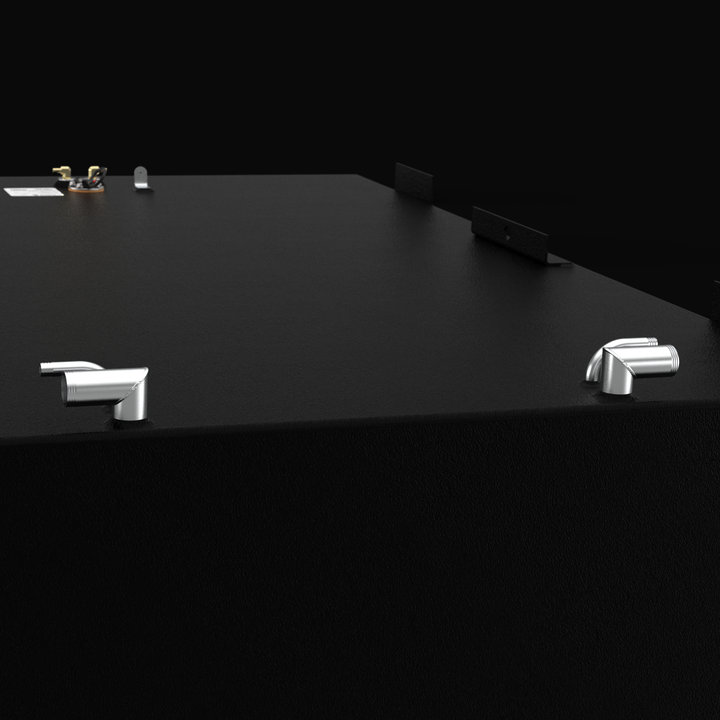 Close-up view of the dual 90-degree fuel fill and vent ports on a 310-gallon Regulator Marine 32 CC fuel tank. This detail highlights the high-quality Coal Tar Epoxy coating and precision-welded fittings, ensuring a guaranteed OEM fit and seamless integration with the vessel’s factory fuel lines for superior offshore durability.