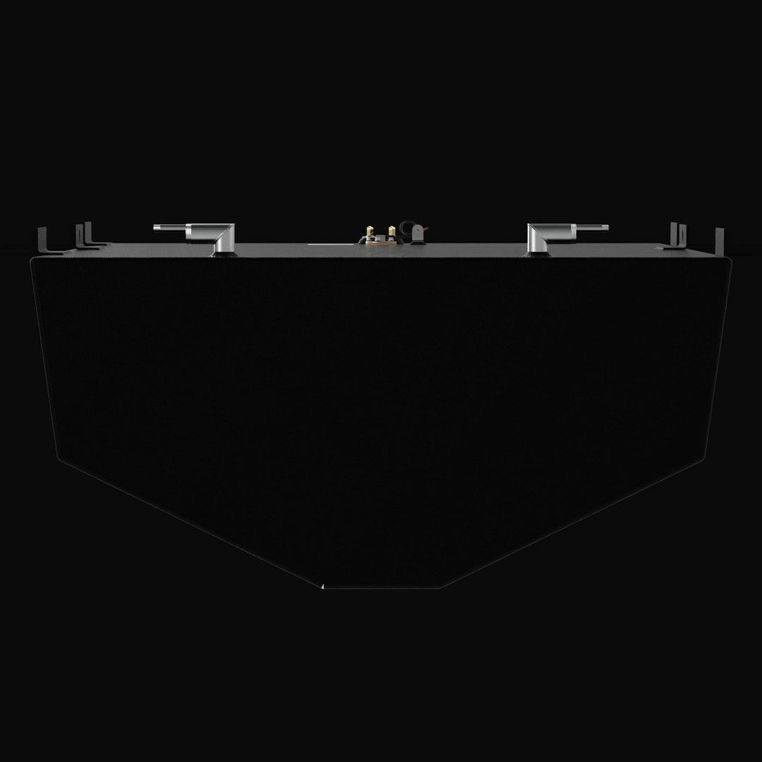 Front-perspective profile of a replacement fuel tank for a Regulator 34 CC Sport Fisher, highlighting the precision-engineered V-bottom hull-conforming geometry and side mounting tabs. The image showcases the heavy-duty .250" marine-grade aluminum construction finished with a rugged, high-build Coal Tar Epoxy coating and precision top-mounted EPA-compliant fittings, ensuring a guaranteed OEM fit and superior corrosion resistance for offshore performance.