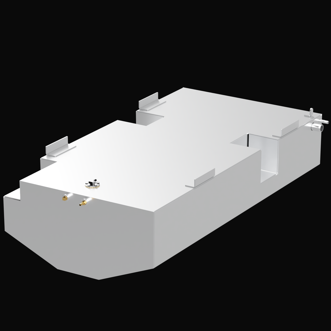 A 3D render of a Renegade 23 (2006) 115-gallon Built to OEM Specs fuel tank, showing the complex, stepped, and notched light grey tank with various fittings and mounting tabs, against a black background.