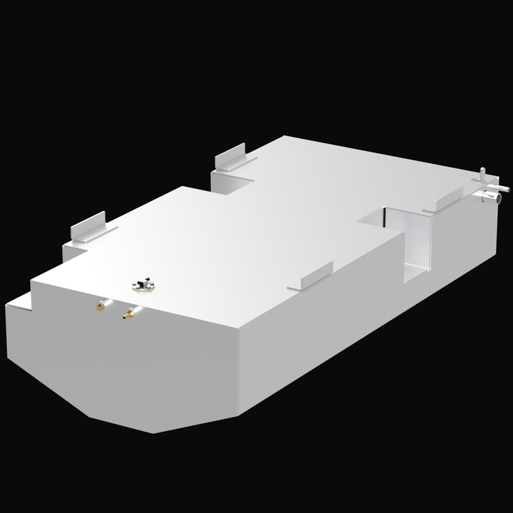 A 3D render of a Renegade 23 (2006) 115-gallon Built to OEM Specs fuel tank, showing the complex, stepped, and notched light grey tank with various fittings and mounting tabs, against a black background.