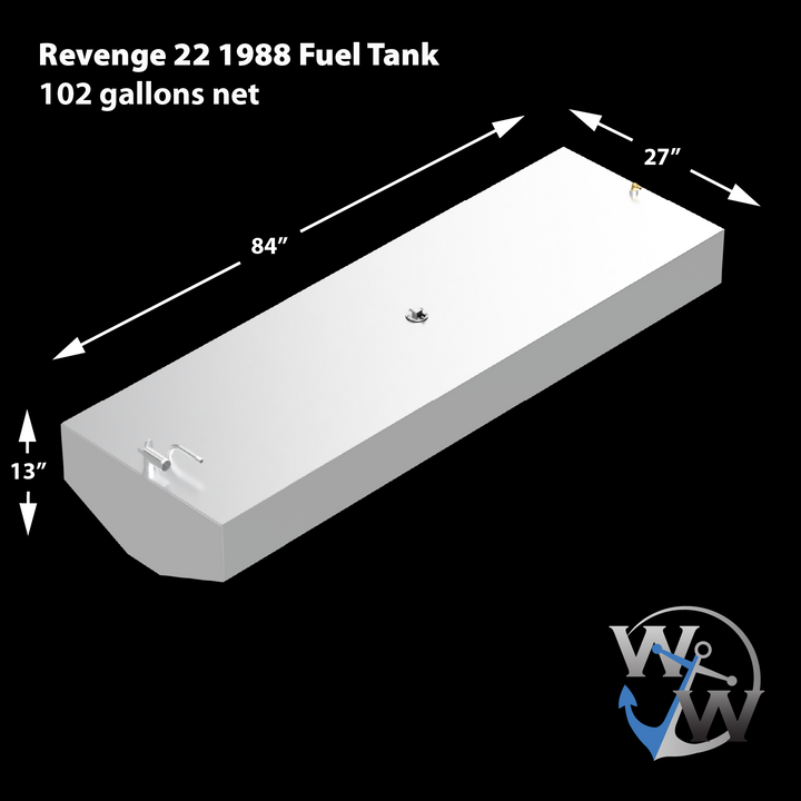 A light gray, rectangular Revenge 22 1988 Fuel Tank with a capacity of 102 gallons net. The tank measures 84" in length, 27" in width, and 13" in height, with a curved bottom on one end. It features a few small fittings on its top surface, including a curved pipe and a small golden post