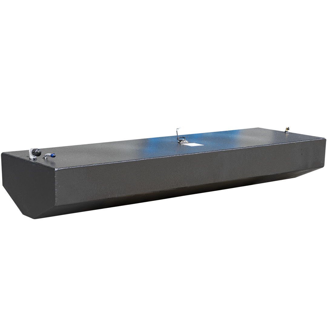 A long, rectangular, black fuel tank with a textured surface. Various metal fittings are visible on its top, including a hose connection with a blue cap, a circular sensor with wires and a white label, and a small golden post. The bottom of the tank has a curved, tapered shape