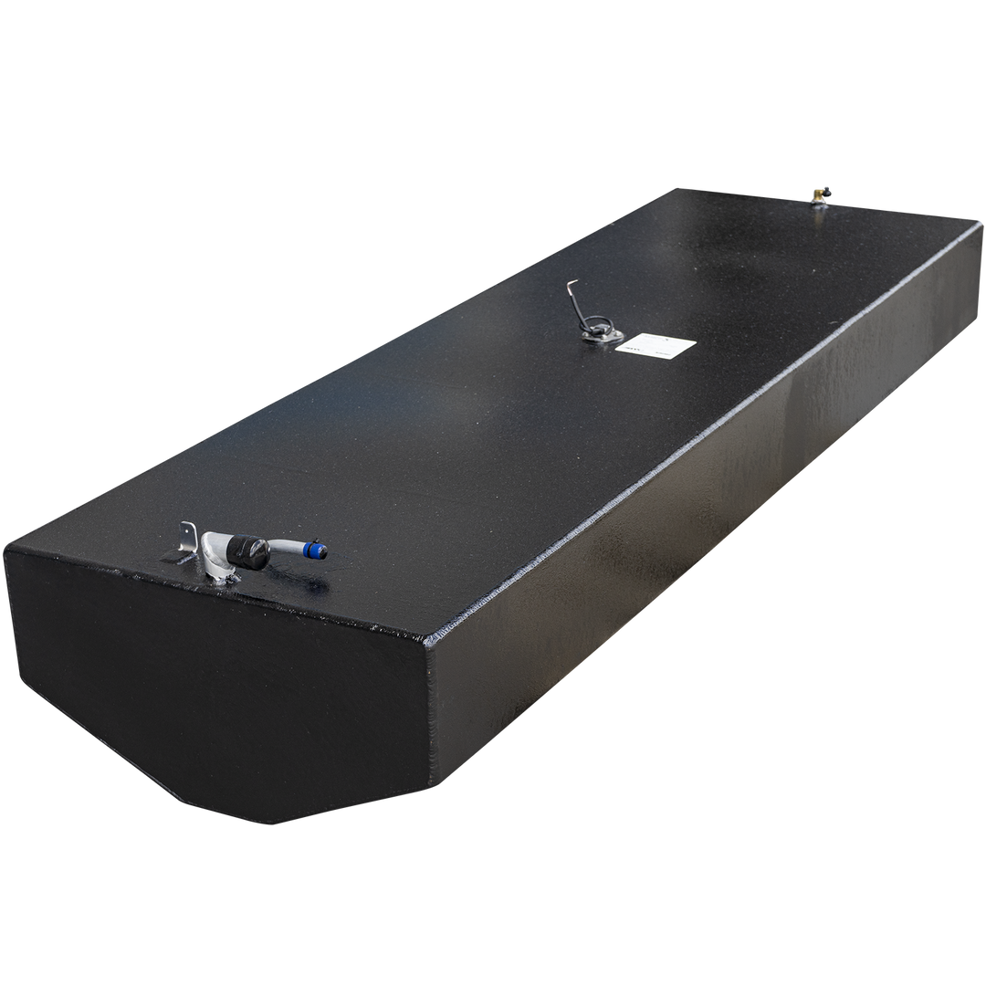 A long, rectangular, black OEM replacement belly fuel tank for a Revenge 22 1988, with a 102-gallon net capacity. The tank has a slightly textured surface and features various metal fittings on top, including a hose connection with a blue cap and a sensor or gauge with attached wires