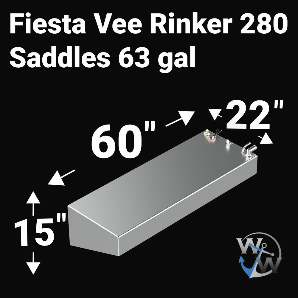 Dimensional technical diagram for a raw aluminum Rinker Fiesta Vee 280 replacement saddle fuel tank featuring a 63-gallon design. The graphic displays precise technical specifications with measurements of 60" length, 22" width, and 15" height, showcasing a specialized wedge-shaped angled bottom profile engineered to conform seamlessly to the outboard wing contour of the vessel's hull cavity. The top deck displays an unsealed variant layout complete with an integrated 90-degree fuel fill neck and tank vent p
