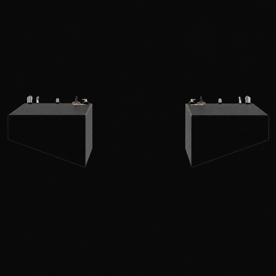 A straight-on cross-sectional end elevation layout view showcasing a Rinker Fiesta Vee 280 replacement saddle fuel tank 2-tank combo system. This technical arrangement illustrates the precise geometric profile configuration of the matched pair, highlighting the mirrored port and starboard wing saddle tanks that feature sharp, wedge-shaped angled bottom contours engineered by Welding World to rest securely within the outboard hull cavities. Both individual units are masterfully precision-fabricated from heav
