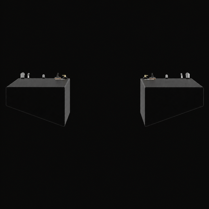 A straight-on cross-sectional end elevation layout view showcasing a Rinker Fiesta Vee 280 replacement saddle fuel tank 2-tank combo system. This technical arrangement illustrates the precise geometric profile configuration of the matched pair, highlighting the mirrored port and starboard wing saddle tanks that feature sharp, wedge-shaped angled bottom contours engineered by Welding World to rest securely within the outboard hull cavities. Both individual units are masterfully precision-fabricated from heav