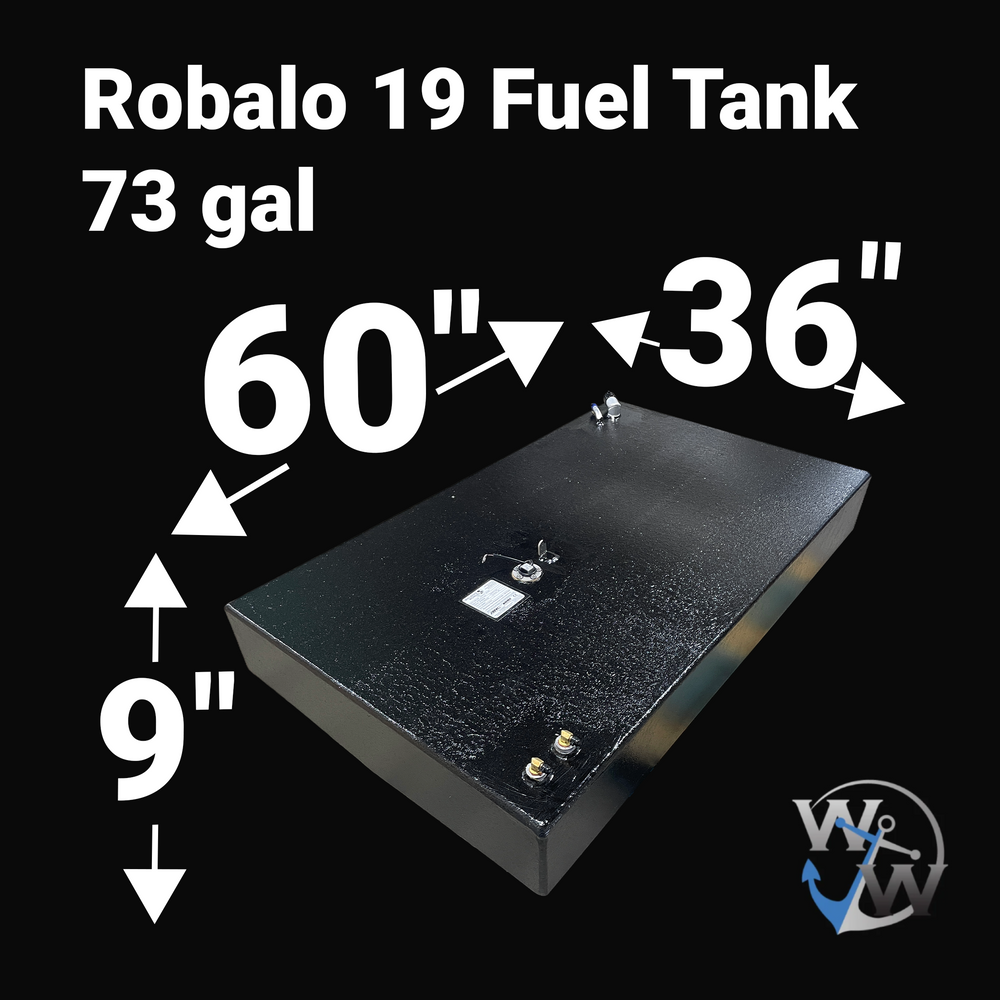 A studio product diagram displaying exact dimension specifications for a physical, finished black encapsulated Robalo 19 OEM replacement marine fuel tank (73 gal) from file image_280b31.jpg, isolated against a black background. The isometric view highlights the low-profile hull configuration with bold white measurement arrows indicating key overall dimensions: 60 inches in length, 36 inches in width, and 9 inches in total height. Precision-fabricated from heavy-gauge marine-grade 5052-H32 aluminum and coate