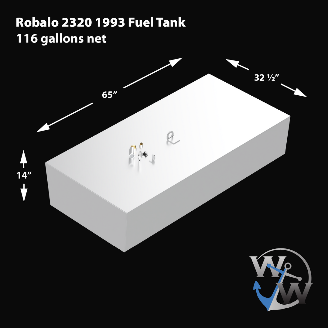 White rectangular fuel tank with a smooth surface, viewed from a top-front-right angle. The tank has a slightly beveled front edge and several fittings and attachments on the top. Dimensions are labeled with arrows: length 65 inches, width 32.5 inches, height 14 inches. The tank is identified as Robalo 2320 1993 model with a net capacity of 116 gallons. The Welding World logo appears in the bottom right corner