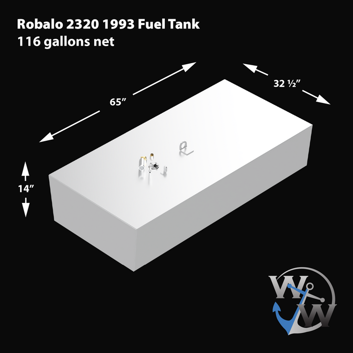 White rectangular fuel tank with a smooth surface, viewed from a top-front-right angle. The tank has a slightly beveled front edge and several fittings and attachments on the top. Dimensions are labeled with arrows: length 65 inches, width 32.5 inches, height 14 inches. The tank is identified as Robalo 2320 1993 model with a net capacity of 116 gallons. The Welding World logo appears in the bottom right corner