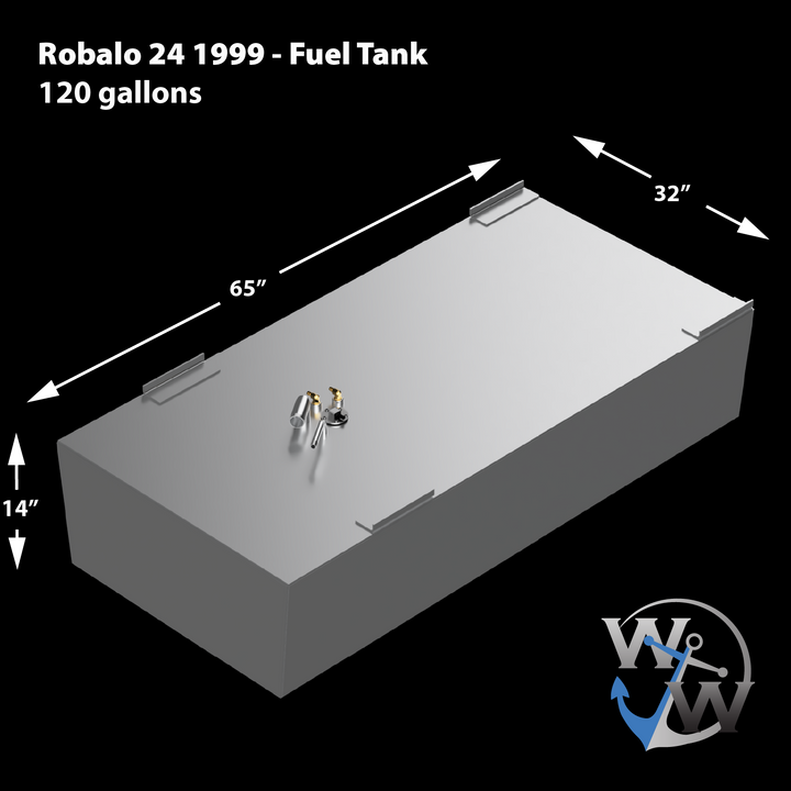 A gray Robalo 24' 1999 fuel tank with a 120-gallon capacity, measuring 65" long, 32" wide, and 14" high, with visible top fittings and a "W" anchor logo
