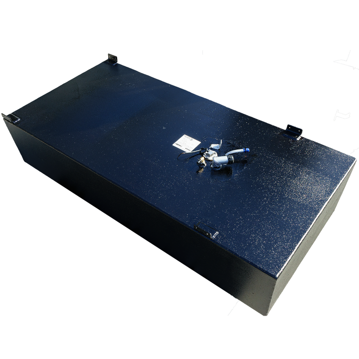 A black, rectangular Robalo 24' 1999 OEM replacement fuel tank with a 120-gallon capacity, featuring top-mounted fittings and a label