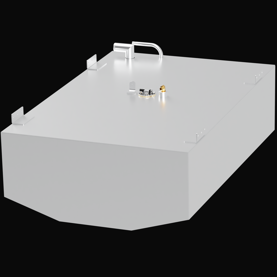 Alt text: A rectangular, silver-colored fuel tank with various fittings and valves on top. It has mounting brackets on the sides and is labeled "Robalo 246 Cayman 2016 70 gal." The tank is set against a black background