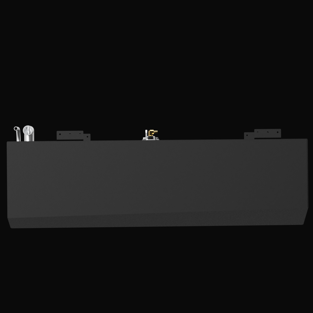 A black rectangular fuel tank labeled "Robalo 246 Cayman 2016 70 gal" with metal fittings and pipes on top. The tank is mounted with brackets and set against a black background