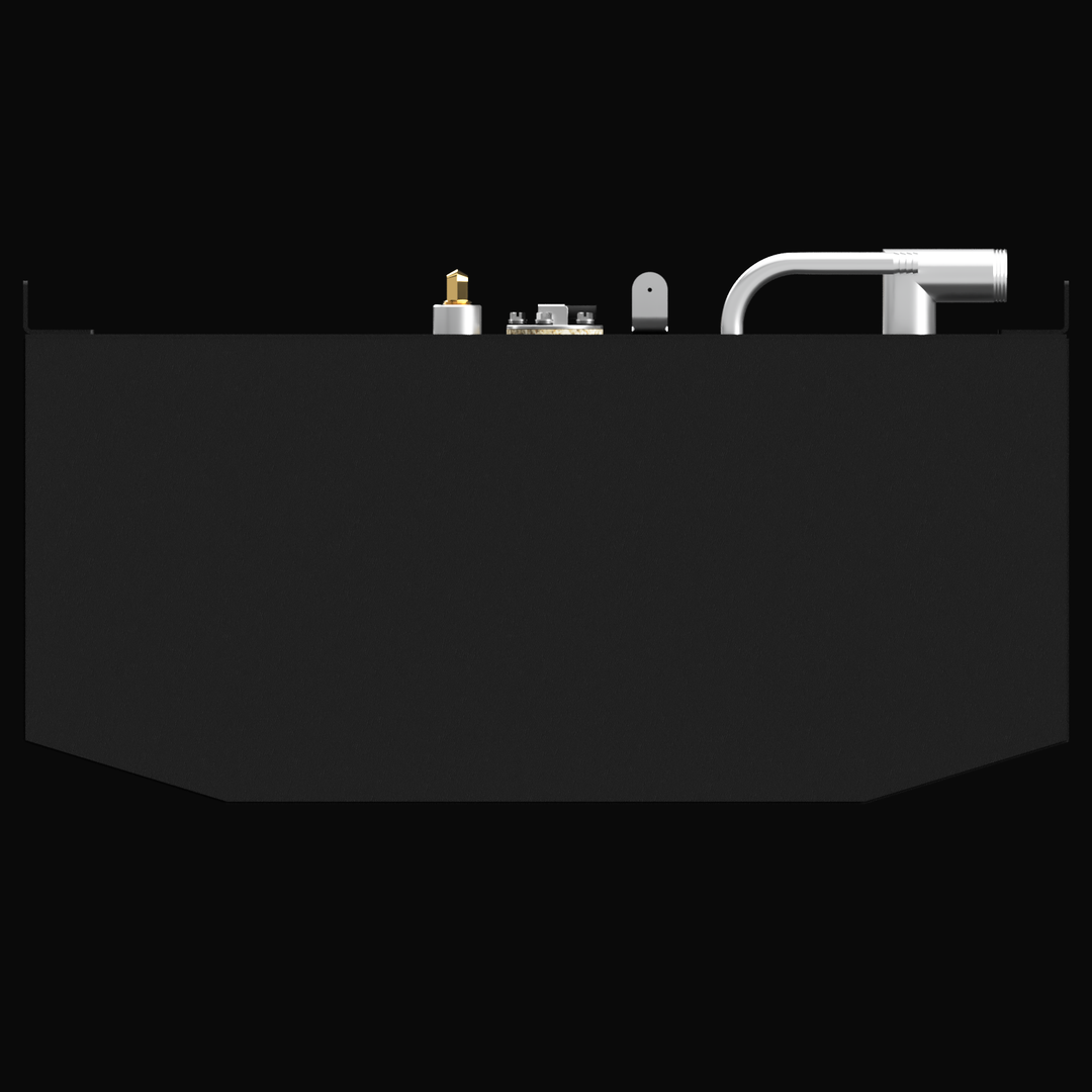 A black rectangular fuel tank with various metal fittings and pipes on top. The tank has a label that reads "Robalo 246 Cayman 2016 70 gal" and features a sleek, industrial design