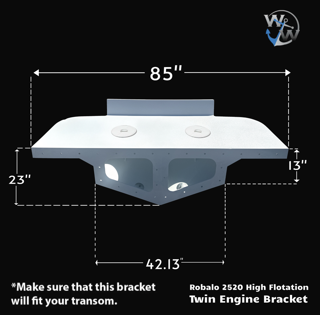 Robalo 2520 High Flotation Twin Engine Bracket, featuring a white design with dimensions of 85 inches in width, 23 inches in depth, and 13 inches in height, along with a 42.13-inch spacing for engine mounts. The bracket is designed for high flotation and compatibility with the Robalo 2520 model