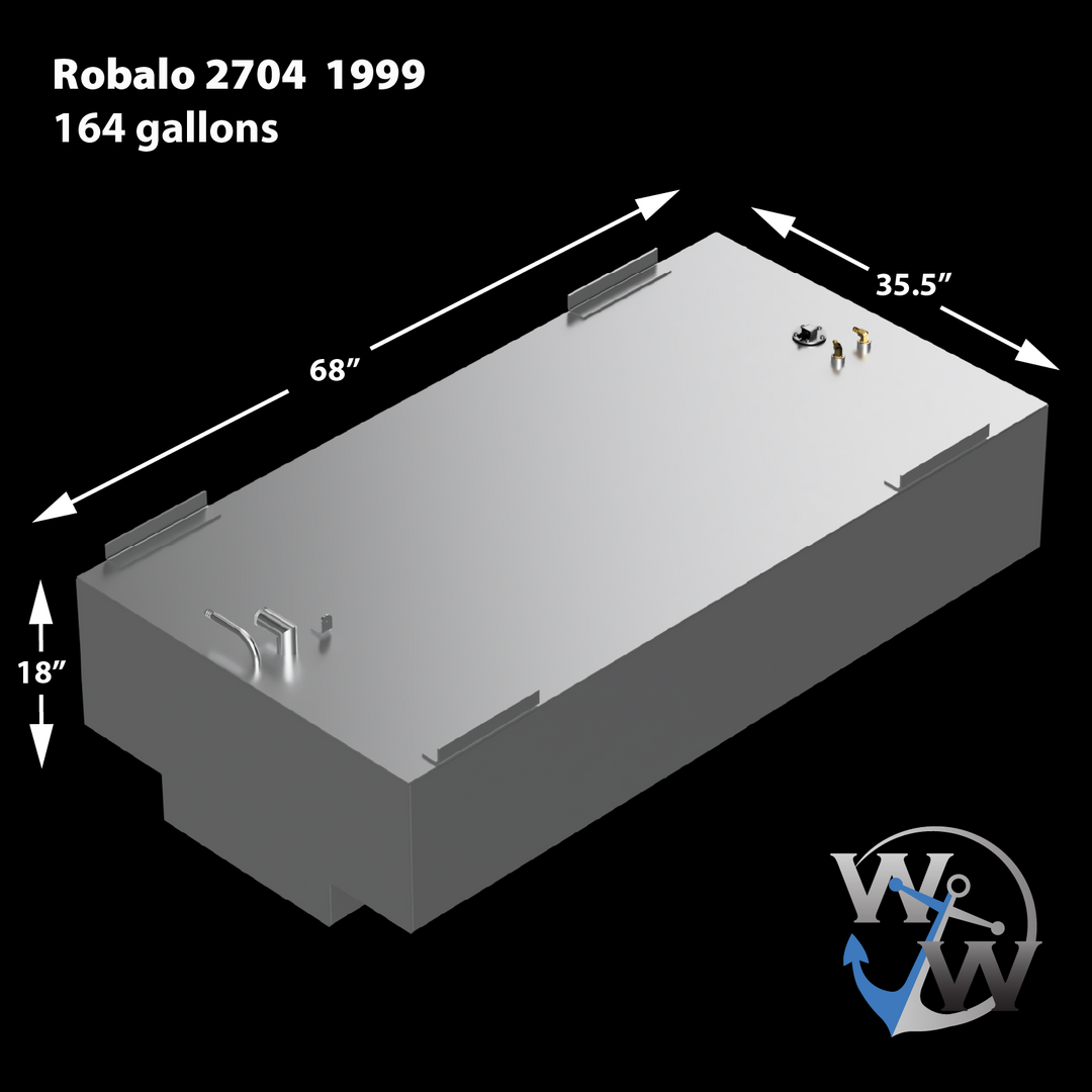 An illustration of a silver, rectangular marine fuel tank, labeled for a Robalo 2704 1999 model with a 164-gallon capacity. Dimensions are indicated with arrows: 68 inches long, 35.5 inches wide, and 18 inches high. The tank has a stepped or recessed section on its lower left side, and features several metal fittings on its top surface. A 'WW' logo with an anchor is visible in the bottom right corner