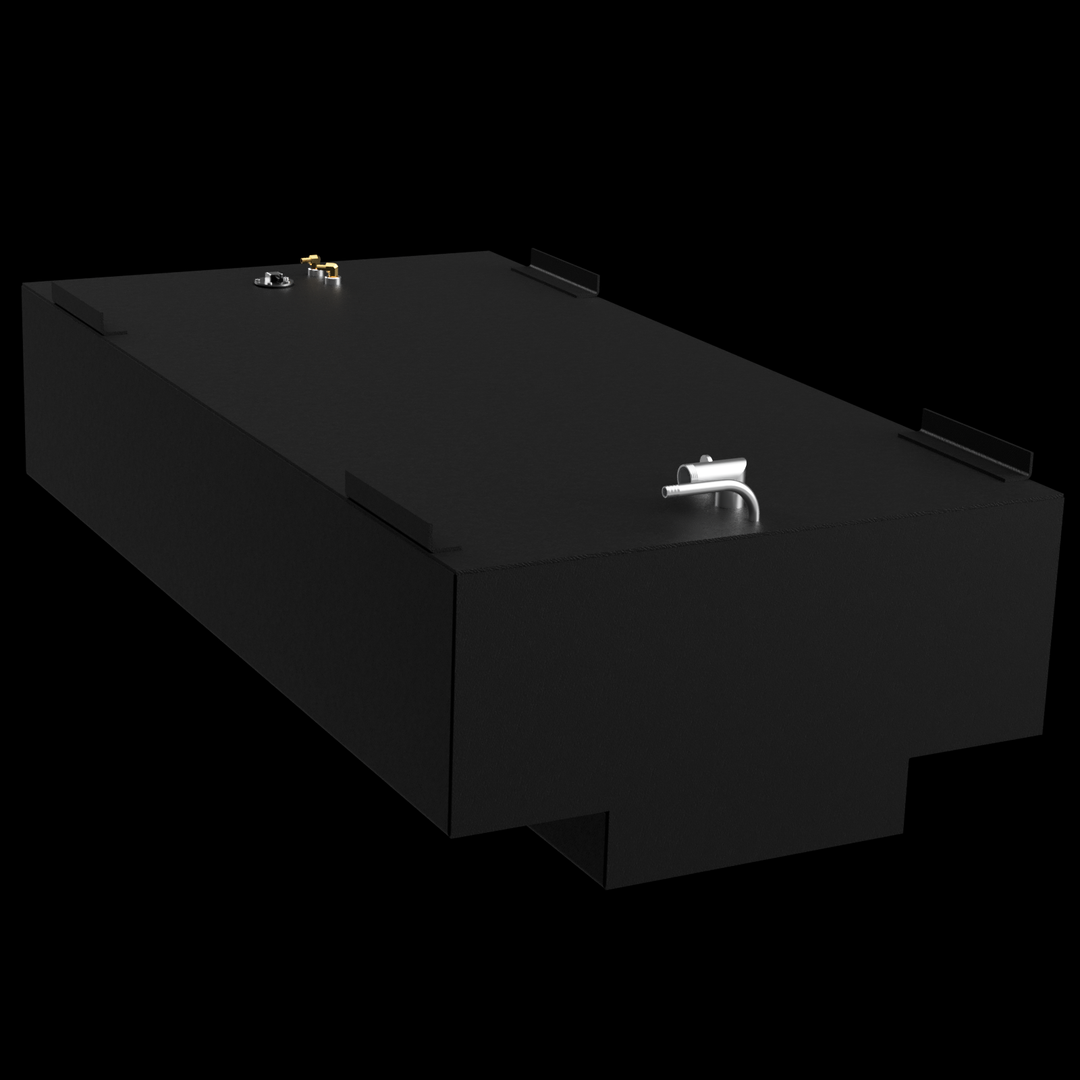 An angled view of a black, rectangular marine fuel tank, showcasing its flat top surface with silver and gold-colored fittings and black mounting brackets. A distinctive stepped or recessed cut-out is visible along the bottom edge of the tank. The tank is rendered against a solid black background