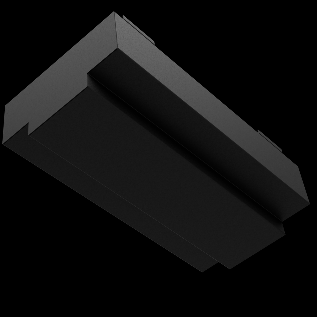 The underside of a black rectangular fuel tank, showing its stepped design and recessed sections, against a solid black background