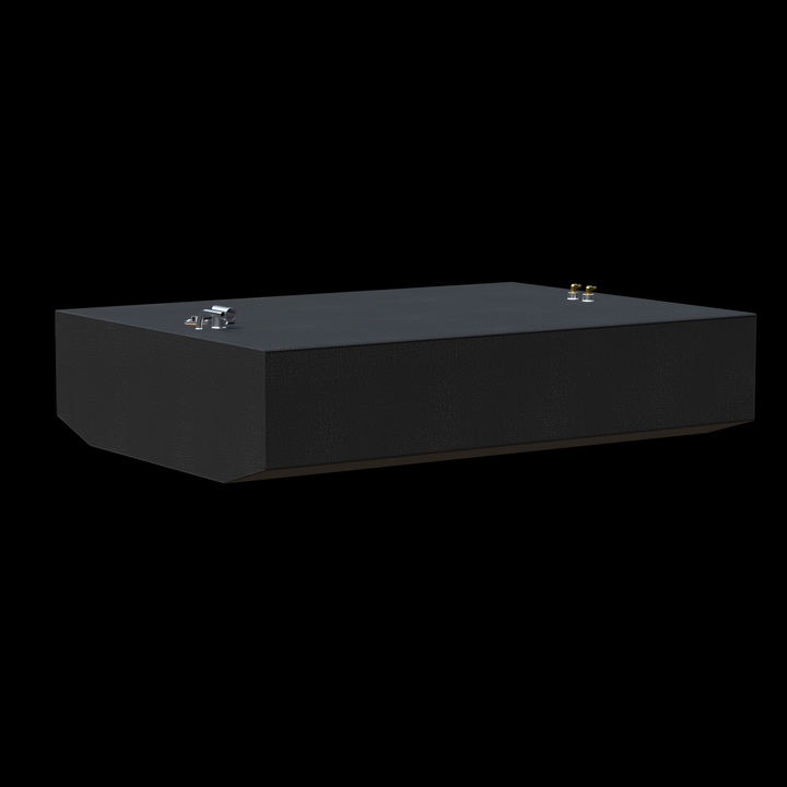 This image shows a 3D rendering of a boat fuel tank with a black textured finish. The tank is rectangular with slightly tapered edges on the front side. On the top surface, there are multiple fittings, including two small brass connectors clustered together and a larger chrome or silver fitting near one corner. The tank appears solid and durable, designed as an OEM replacement fuel tank, shown against a solid black background