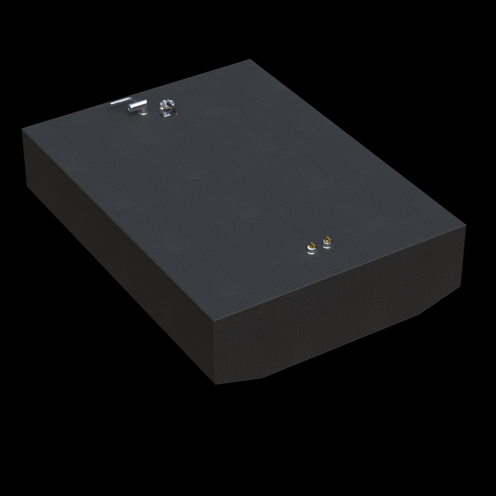 This image shows a 3D rendering of a rectangular boat fuel tank with a textured black finish. The tank has slightly tapered edges on the front side. On the top surface, there are several fittings: two small brass connectors close together near one corner, and a group of three chrome or silver components near another corner. The tank appears sturdy and is presented against a solid black background