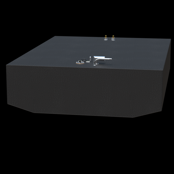 A black rectangular boat fuel tank with slightly angled edges on the front. The top surface features multiple fittings including two small brass connectors, a larger silver pipe, and a round component with an attached sensor and wire. The tank has a textured finish and is shown against a transparent background