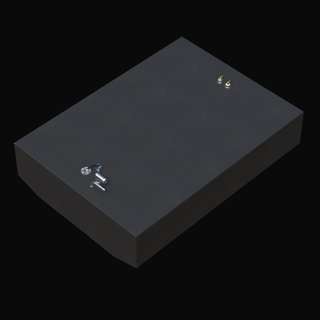 This image shows a 3D rendering of a rectangular boat fuel tank with a black textured finish. The tank has several metal fittings and attachments on its top surface, including two brass-colored valves or connectors at one corner and a circular metal plate with an additional fitting near another corner. The tank has a simple, functional design without visible branding or labels and is shown against a solid black background. The design appears sturdy